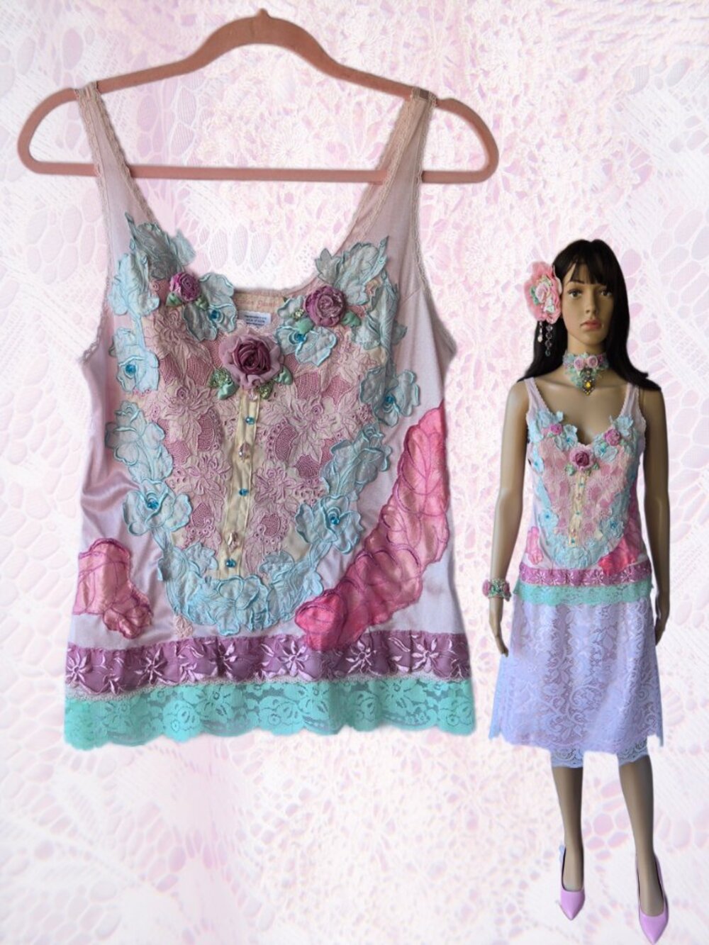 Handmade Pink Rose and Embroidered Lace Blouse Romantic Cottage Fairycore